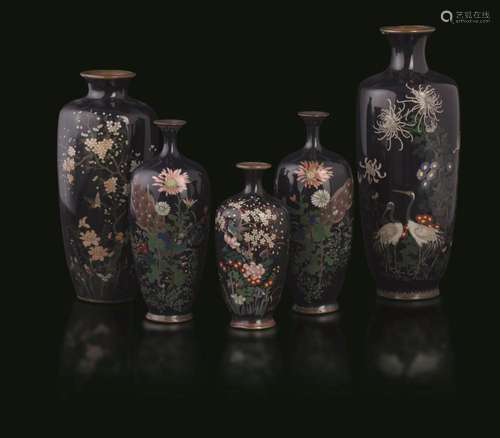 (1868-1912) Five enamel vases, Japan, Meiji period