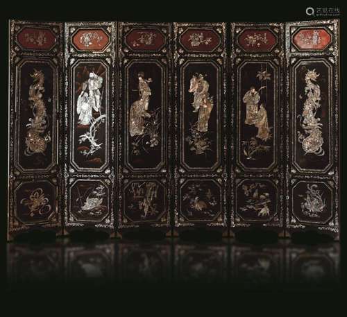 Lacquered wood and mother-of-pearl. A six-fold screen, China...