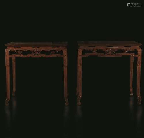 1800s Two Huali wood console tables, China, Qing Dynasty