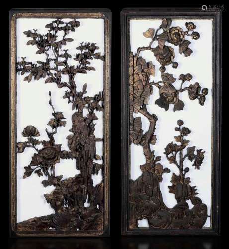 Qing Dynasty, 1800s Two carved wood panels, Canton, China