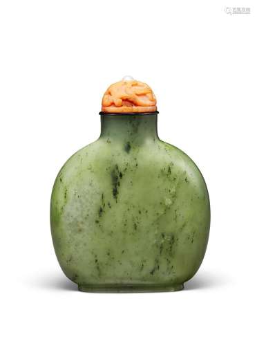 A LARGE SPINACH-GREEN JADE SNUFF BOTTLE