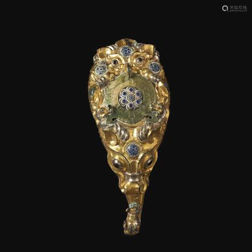 A RARE LARGE JADE AND GLASS-INLAID GILT-BRONZE BELT HOOK