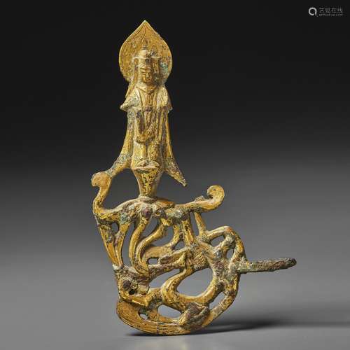 A GILT-BRONZE FIGURE OF A STANDING ATTENDANT BODHISATTVA