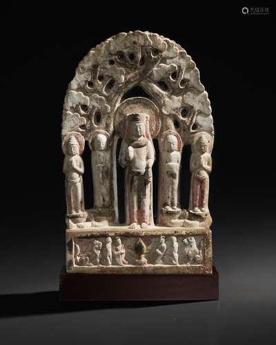 A RARE PAINTED MARBLE BUDDHIST STELE