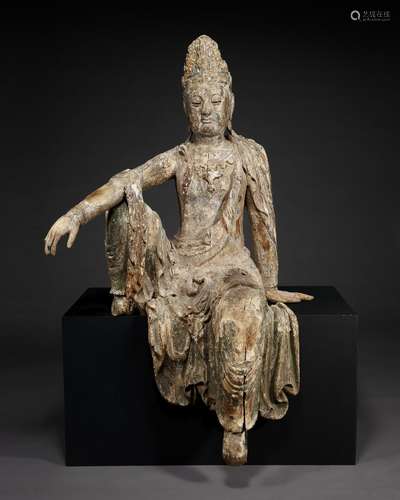 A POLYCHROME WOOD SEATED FIGURE OF THE 'WATER-MOON’ GUAN...