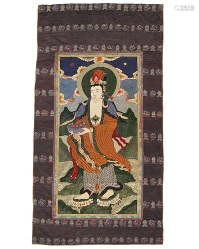 A LARGE MONGOLIAN EMBROIDERY OF A BODHISATTVA