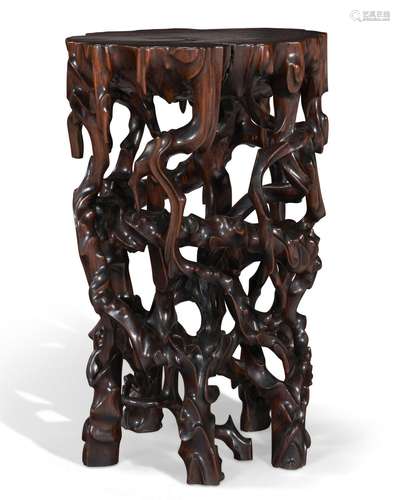 A VERY RARE HUANGHUALI ROOT-FORM INCENSE STAND