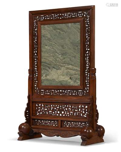 A LARGE AND RARE GREEN-MARBLE AND HUANGHUALI STANDING SCREEN