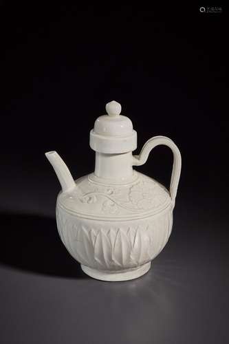 A SUPERB AND VERY RARE CARVED WHITE WARE EWER AND COVER