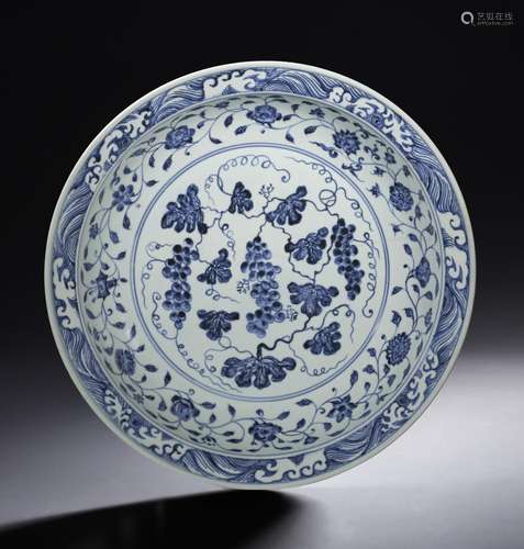 A RARE BLUE AND WHITE 'GRAPES' DISH