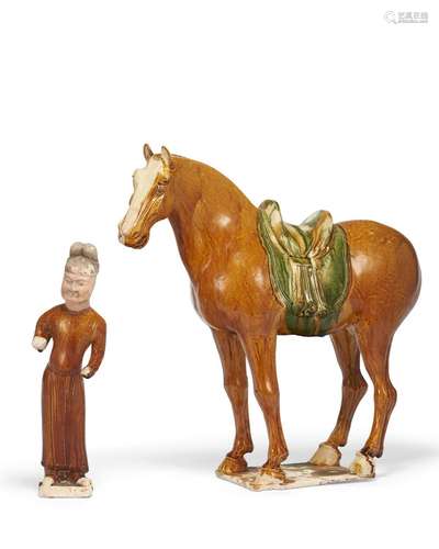 A SANCAI -GLAZED POTTERY FIGURE OF A HORSE AND A GROOM