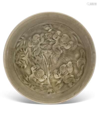 A MOLDED YAOZHOU CELADON 'BOYS' BOWL