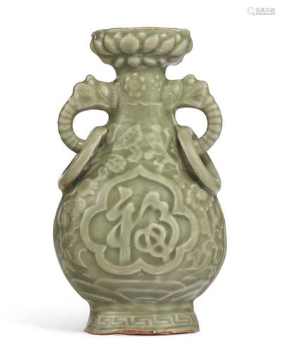 A MOLDED LONGQUAN CELADON ' FU SHOU ' VASE