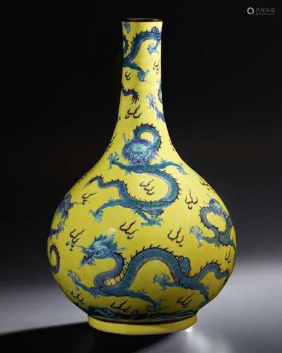 A VERY RARE YELLOW-GROUND DOUCAI 'NINE DRAGON' VASE