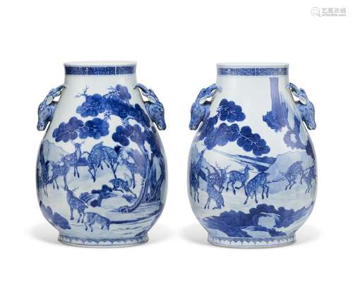 A PAIR OF BLUE AND WHITE 'HUNDRED DEER’ HU -FORM VASES