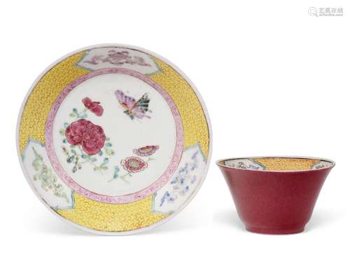 A FAMILLE ROSE 'EGGSHELL' RUBY-BACK TEABOWL AND SAUC...