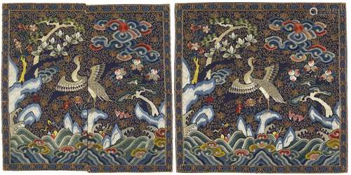 A PAIR OF EMBROIDERED MIDNIGHT-BLUE SILK RANK BADGES OF WILD...