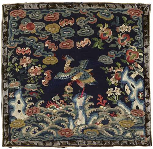 A PAIR OF EMBROIDERED BLUE SATIN RANK BADGES OF MANDARIN DUC...