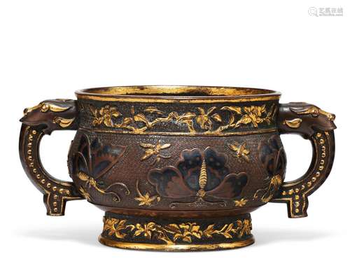 A RARE SMALL PARCEL-GILT BRONZE 'BUTTERFLY' CENSER