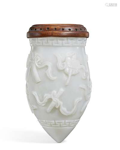 A RARE CARVED WHITE GLASS CRICKET CAGE