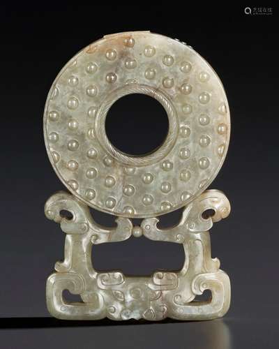 A GREENISH-GREY JADE ARCHAISTIC BI DISC