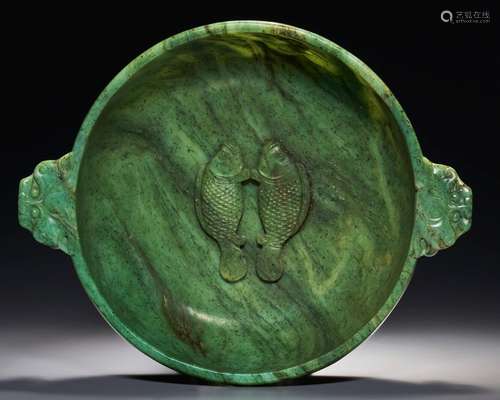 A WELL-CARVED SPINACH-GREEN JADE MARRIAGE BOWL