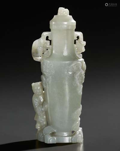 A GREYISH-WHITE JADE VASE AND COVER