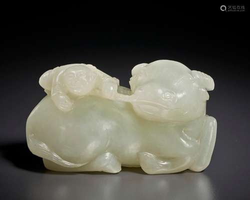 A SMALL PALE GREENISH-WHITE JADE 'BUFFALO AND BOY' G...