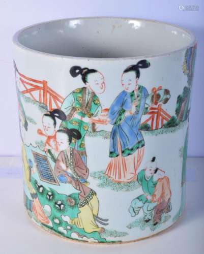 A large Chinese porcelain polychrome brush pot depicting fig...
