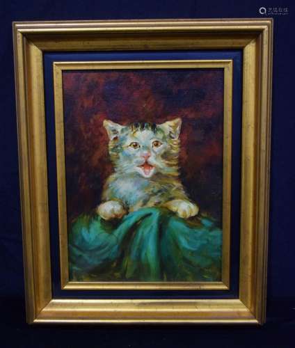 A framed oil on canvas of a study of a cat 40 x 29cm