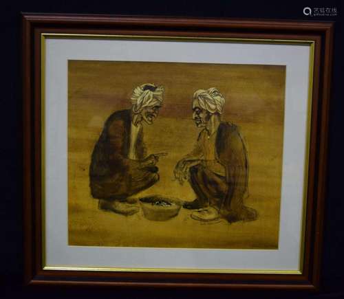 A framed oil on board of two Persian males 57 x 63.