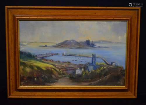 A framed oil on canvas by Eileen Duff dated 1976 of a harbou...