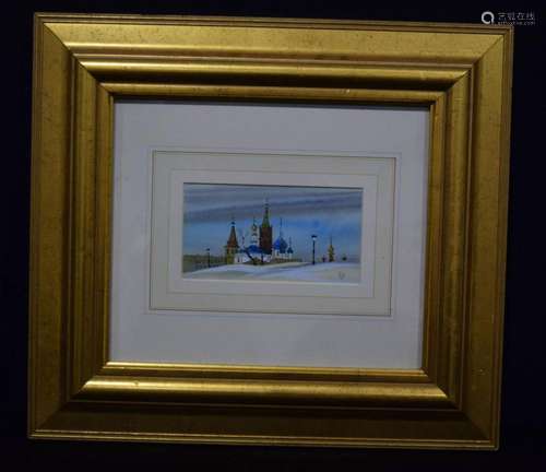 A framed watercolour of Religious buildings in Russia 10 x 1...