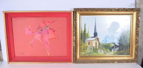 A framed oil on board by Roz Schweiger of a church 1981 toge...