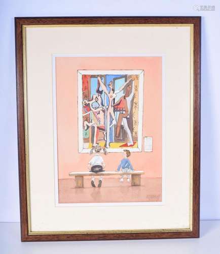 A framed watercolour by A Murray of two children in a art ga...