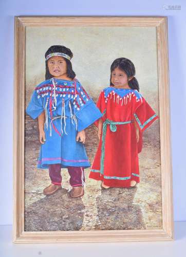 A framed oil on canvas by Don Heywood of Native American chi...