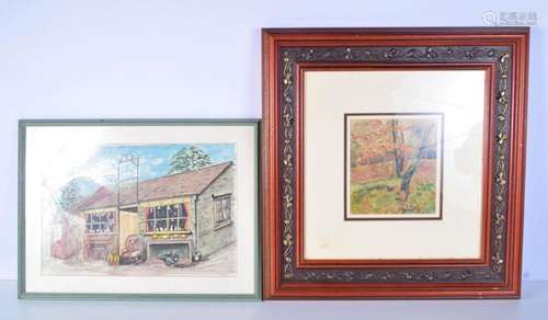 A framed watercolour of an antique shop together with anothe...