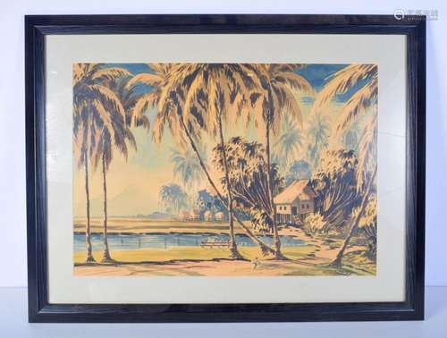 A framed print by Janius of a South East Asian village 37 x ...