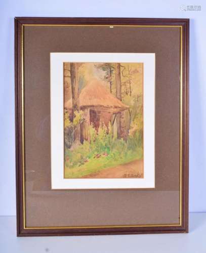 A framed watercolour by B I Simkin 1910 of a summerhouse at ...