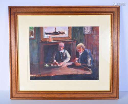 A framed pastel of two males indistinctly signed. 35cm x 45c...