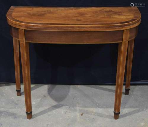 A Victorian walnut D end fold over table with inlay to top 7...