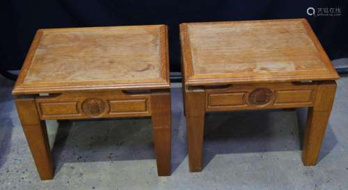 A pair of two tier "Acorn" oak one drawer bedside ...
