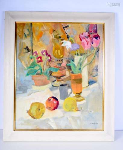 A framed still life oil on canvas by Alma Wolfson 59 x 49 cm...