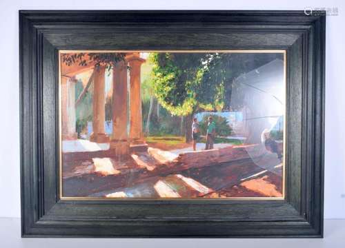 A large framed Oil on board depicting a garden scene.41 x 64...