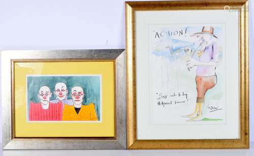 A framed watercolour of clowns by Marcia Phillip together wi...