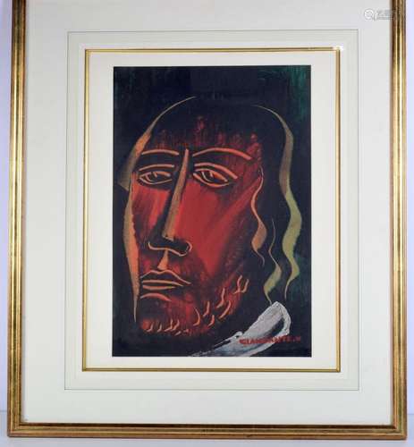 A large framed abstract picture of a male painted in tempera...