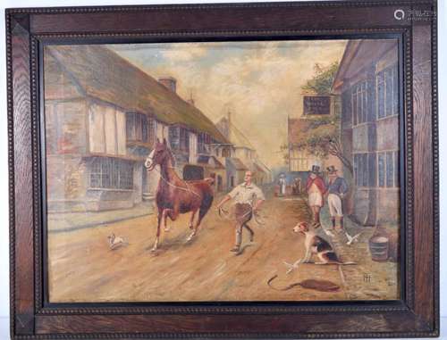 Early 20th century oil on canvas depicting a horse being led...