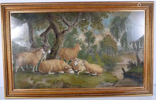 A large framed 19th Century sand art picture of sheep and do...