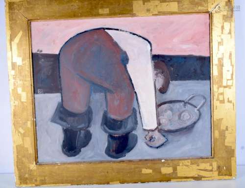 Irish School oil on canvas of a man picking potatoes 74 x 60...