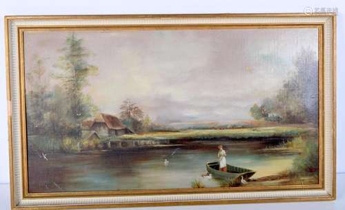 Framed oil on canvas of female in a boat signed with a monog...